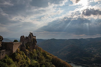 Aggstein-kastély, Ausztria, természet, romok, napsugarak, kastély, felhők