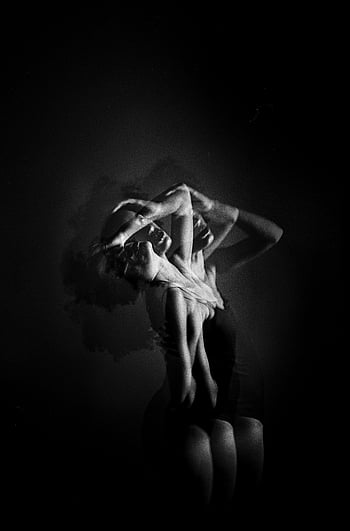black and white photography, double exposure, graceful poses, dark background, studio photography, woman, artistic photography, monochrome, fine art, abstract, silhouette