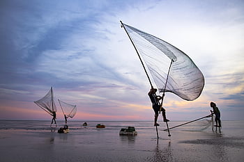 sea, fishing, man, sunrise, ocean, sunset, beach, water, travel, sun, landscape