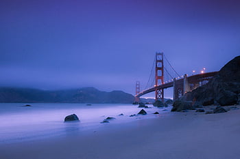 Golden Gate bro, nattetid, tusmørke, Misty Ocean, landskab, idyllisk udsigt, san francisco, brolys, kystnære scene, aften sceneri, lang eksponering