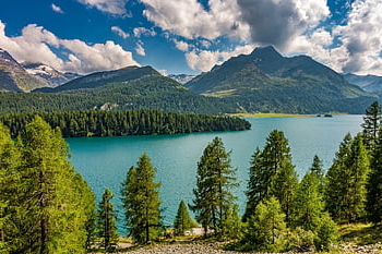 jezero, hory, stromy, pohoří, les, divočina, volně žijících živočichů, Příroda, engadin, Mezasalva, graubünden