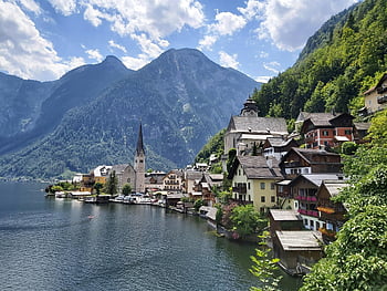 Hallstatt village, lake, mountains, sunny sky, picturesque, small town, Austria, alps, scenic, waterfront, church