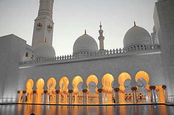 velká mešita, mešita šejka zayeda, osvětlené oblouky, kopule, svítání, soumrak, nádherný výhled, Abu Dhabi, Spojené arabské emiráty, islámské architektury, odraz