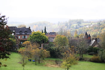 france, autumn, limousin, collonges-la-rouge, nature, village, fog, landscape, houses, trees, mist