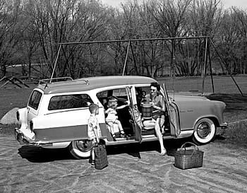 Hudson Rambler, Station Wagon, 1955, family, picnic, swing set, vintage car, outdoor, black and white, children, mother
