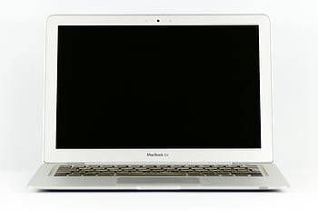 MacBook Air, laptop, leeg scherm, witte achtergrond, vooraanzicht, appel, computer, technologie, zilver, minimalistisch ontwerp, apparaat