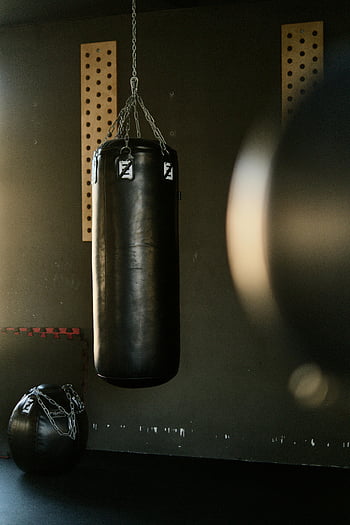 black punching bag, gym, sunlight, moody atmosphere, focused atmosphere, workout equipment, boxing training, fitness, indoor gym, sports equipment, punching bag training