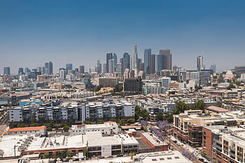 Los Angeles skyline, high rise buildings, urban skyline, aerial shot, bright blue sky, cityscape, downtown Los Angeles, modern architecture, skyscrapers, urban landscape, Los Angeles city view