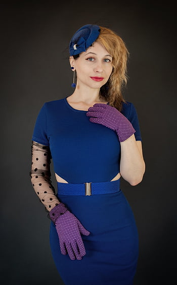 femeie, pălărie, mănuși, retro, epocă, jug, rochie albastră, figura, Rochie potrivită, coafura, Model cu buline
