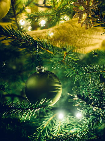 julelys, juletræ, Nærbillede fotos, dekorationer, ornamenter, grøn bauble, festlige dekorationer, ferie sæson, træ ornamenter, blinkende lys, Jutebaggrund