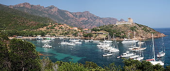 boats, port, girolata, corsica, sea, postman's Trail, mediterranean, yachts, harbor, mountains, coast