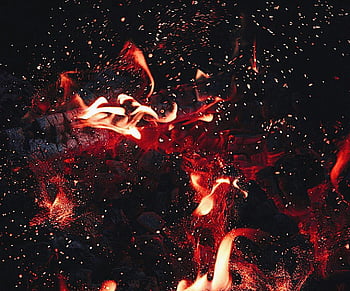 fotografia time lapse, fiamma, fiamme rosse, scintille, primo piano dinamico, calore intenso, energia, fuoco, brace, raggiante, Fuoco notturno