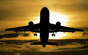 Sonnenuntergang, Flugzeug, Silhouette, Dramatischer Himmel, fliegend, Luftfahrt, Reise, Transport, Abend, Horizont