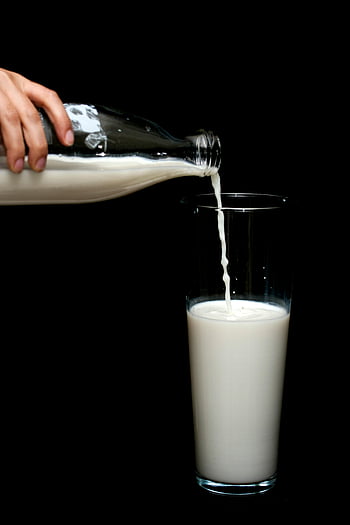 milk, pouring, glass bottle, highball glass, black backdrop, fresh milk, tall glass, hand pouring, milk stream, beverage, drink preparation