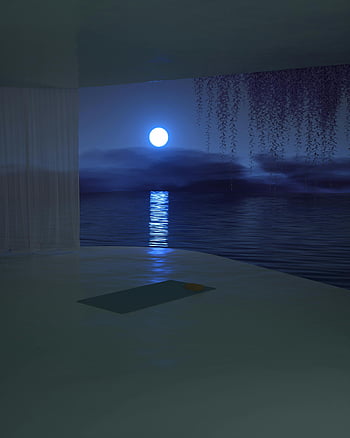 moonlit lake, digital art, tranquil scene, calming reflections, misty atmosphere, night scene, full moon, water reflections, serene environment, digital painting, peaceful setting