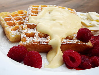 vafle, maliny, krém, snídaně, detail, deska, práškového cukru, dezert, fotografování potravin, sladký, pozdní snídaně