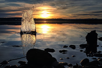 lago, esguicho, por do sol, silhueta, Dom, luz solar, rochas, pedras, banco, Lançamento de pedra, agua