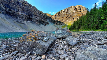 mountains, lake, nature, banff National Park, rocks, trees, forest, stones, summer, scenery, alberta
