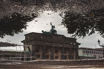 brandenburg Gate, landmark, nature, reflection, water, puddle, berlin