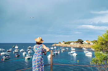 woman, port, sea, coast, nature, boats, tourist, relaxation, view, vacation, harbor