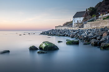 Runwick Bay, Došková chalupa, yorkshire, východní pobřeží, Anglie, svítání, přímořská krajina, došková, chalupa, pobřeží, jaro