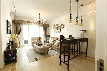 brązowy drewniany stół, Współczesny salon, nowoczesne meble, Eleganckie oświetlenie, projekt salonu, projektowanie wnętrz, wystrój domu, jadalnia, Stylowa przestrzeń życiowa, przytulny salon, nowoczesny wystrój