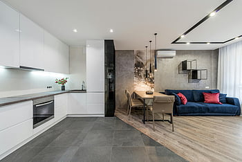 moderní byt, Otevřený plán obývacího pokoje, Kuchyňská zóna, moderní dekor, Stylový nábytek, obývací pokoj nábytek, kuchyně design, Vzhled interiéru, Současný byt, Otevřený koncept bydlení, moderní kuchyně