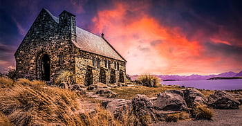 church, lake, building, architecture, sunset, nature, dusk, twilight, stoneworks, masonry, religion