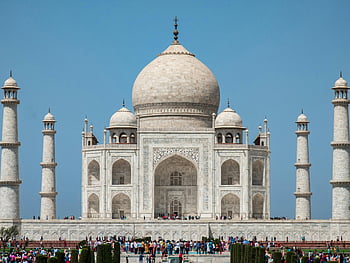 Taj Mahal, clear blue sky, iconic architecture, people at Taj Mahal, captivating view, historic monument, white marble, India landmark, tourist attraction, Agra, Uttar Pradesh