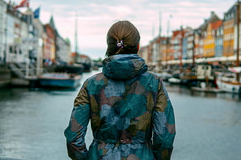 žena, řeka, budov, Nyhavn Canal, Kodaň, Dánsko, pohled, kanál, panoráma města, nábřeží, lodí