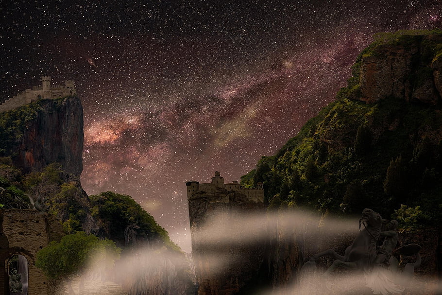 nature, mountains, stars, universe, castle, fortress, fantasy, dream, night, starry Sky, galaxy