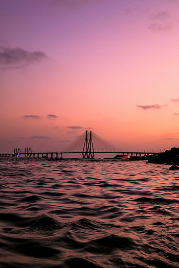 bandra-worli θαλάσσια σύνδεση, ροζ ουρανό, αραβική θάλασσα, mumbai, λυκόφως, γαλήνια άποψη, γέφυρα, θάλασσα, η δυση του ηλιου, ζωηρό ροζ, ορίζοντας
