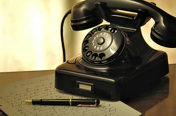 black rotary telephone, ball pen, white printed paper, antique phone, fountain pen, desk, nostalgic scene, vintage telephone, handwritten note, office desk, retro phone