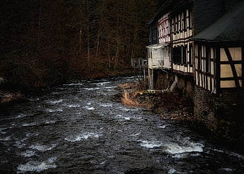 half-timbered House, house, forest, river, nature, dark