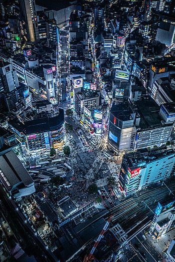 aerial view, Shibuya, Tokyo, Japan, night, cityscape, urban, skyscrapers, neon lights, crosswalk, traffic
