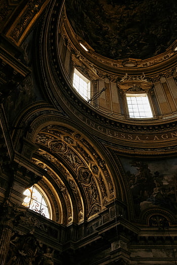 frescoed cupola, Church of Saint Agnes, Rome, ornate dome interior, Sant'Agnese in Agone, Italy, detailed view, religious architecture, baroque art, ceiling frescoes, historical church