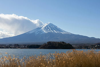 Mount Fuji, jezero kawaguchi, Sněhle zakrytá sopka, klidná krása, Klidný výhodný bod, zimní krajina, přírodní scenérie, japonská krajina, sopečné hory, klidné vody, rákosí