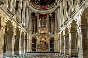 Chateau de Versailles, Palace of Versailles, Great Hall Ballroom, ornate interior, elegant arches, grand ceiling, historical architecture, French palace, royal residence, European history, luxury decor