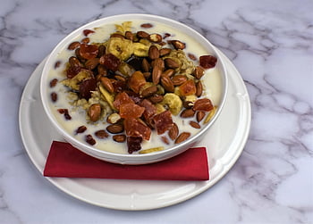 cereale, prima colazione, cibo, frutta, noccioline, miele, latte, fiocchi d'avena, piatto, pasto, nutriente