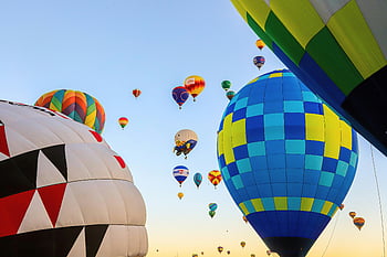 Heißluftballons, albuquerque, New-Mexiko, lebendige Anzeige, Dämmerung, Froschperspektive, in der Luft, mehrfarbig, bunte Luftballons, Sonnenaufgang, Festival