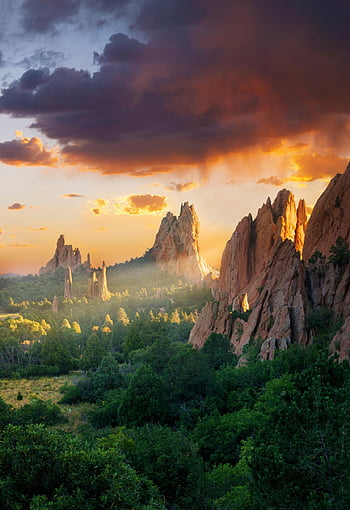 červené skály, západ slunce, svítání, zahrada bohů, colorado, národní park, ikonický, usa, skalní útvary, formace, Skála
