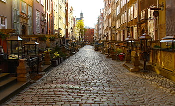 gdańsk, townhouses, street, monuments, paved