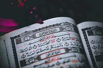 Scrittura araba, Corano, libro aperto, script intricato, design ornato, avvicinamento, Calligrafia araba, testo religioso, arte islamica, libro sacro, sceneggiatura dettagliata