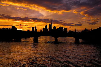 skyscrapers, buildings, bridge, sunset, cityscape, skyline, architecture, city, nature, river, sky