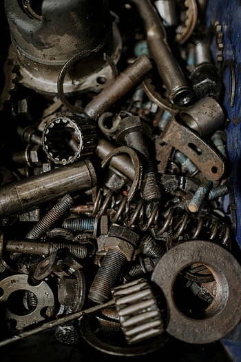Kovové náhradní díly, průmyslová témata, kovové převody, detailní fotografie, Mechanické komponenty, zrezivělé části, průmyslová fotografie, mechanické části, kovové komponenty, Hromada náhradních dílů, průmyslové náhradní díly