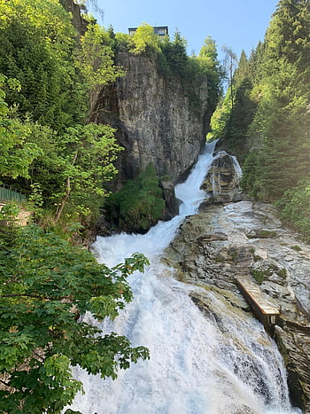waterfall, cliff, forest, stream, water, river, bach, creek, scenic, rock, trees