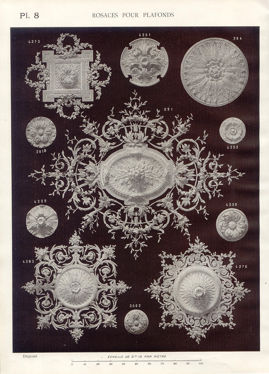 stropní vzory, ozdobené vzory, dekorativní prvky, architektonické detaily, Vintage ilustrace, květinové motivy, geometrické tvary, složité řezby, stropní rozety, starožitné vzory, Zaměstnanci P8