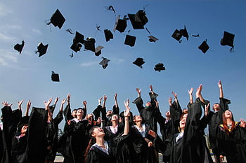 graduation, black academy gowns, throwing hats, sunny day, group of graduates, celebrating, caps in air, outdoor celebration, graduation ceremony, happy graduates, blue sky