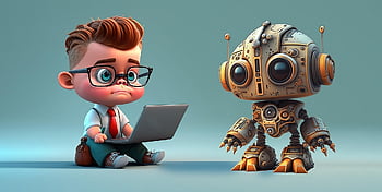 AI 생성, 소년, 젊은 사람, 휴대용 퍼스널 컴퓨터, 기계 인간, 미래, chatgpt, 3d, 현대, 과학 기술, 봇