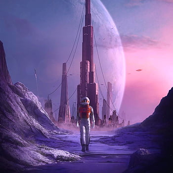 astronauta, città, pianeta, spazio, futuristico, fantascienza, galassia, arte spaziale, fotomontaggio, manipolazione fotografica